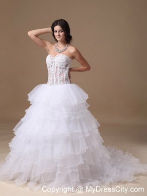 A-line Chapel Train Appliques Wedding Dress with Sheer Waist