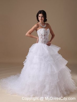 A-line Chapel Train Appliques Wedding Dress with Sheer Waist