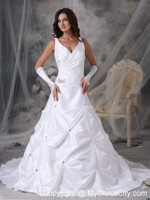 A-line V-neck Court Train Beading Wedding Dress with Pick-ups