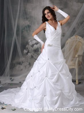 A-line V-neck Court Train Beading Wedding Dress with Pick-ups