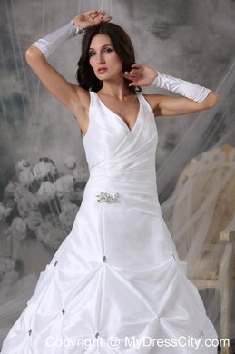 A-line V-neck Court Train Beading Wedding Dress with Pick-ups