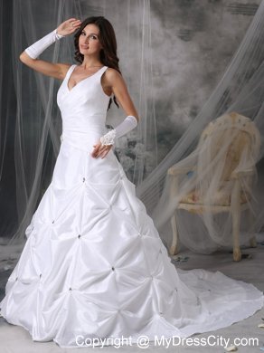 A-line V-neck Court Train Beading Wedding Dress with Pick-ups