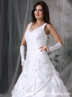 A-line V-neck Court Train Beading Wedding Dress with Pick-ups