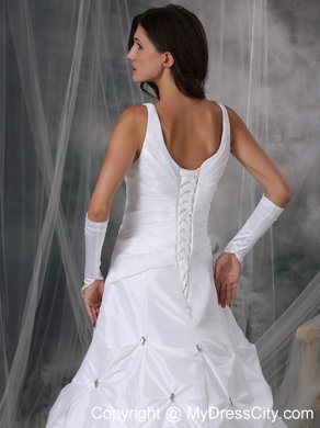A-line V-neck Court Train Beading Wedding Dress with Pick-ups