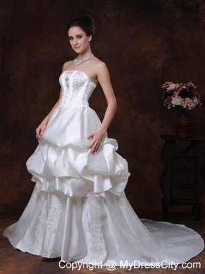 Beading Pick Up Strapless Taffeta Court Train Wedding Dress