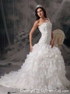 Luxurious A-line One Shoulder Beaded Over Bodice Wedding Dress