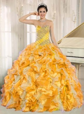 Cheap Yellow Quinceanera Dress with Beading and Ruffles