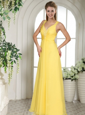 Yellow Straps Chiffon V-neck Prom Dress with Appliques and Ruching