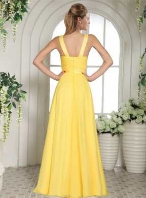 Yellow Straps Chiffon V-neck Prom Dress with Appliques and Ruching
