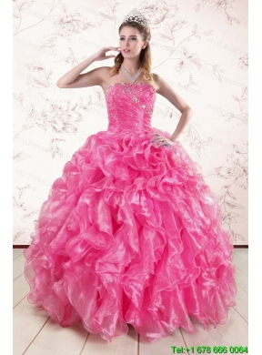 2015 Pretty Hot Pink Quinceanera Dresses with Appliques and Ruffles