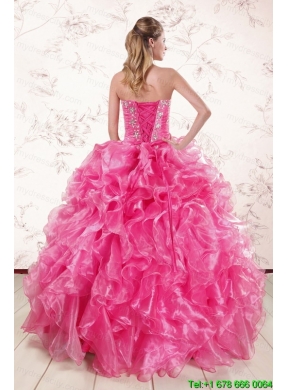 2015 Pretty Hot Pink Quinceanera Dresses with Appliques and Ruffles