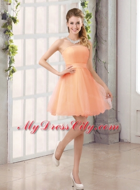 2015 A Line Belt Mini Length Bridesmaid Dress with Strapless