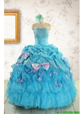 2015 Cheap Aqua Blue Appliques Quinceanera Dresses with Appliques