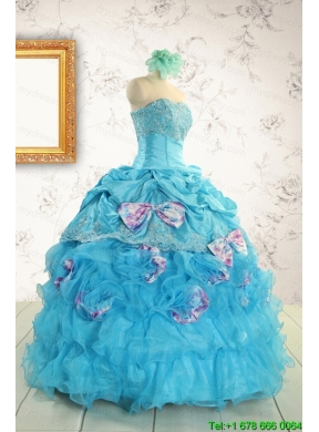 2015 Cheap Aqua Blue Appliques Quinceanera Dresses with Appliques