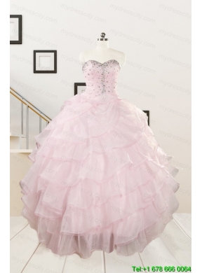 2015 Cute Baby Pink Quinceanera Dresses with Beading and Ruffles