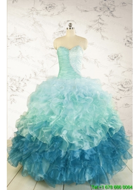 2015 Prefect Blue Quinceanera Dresses with Beading and Ruffles