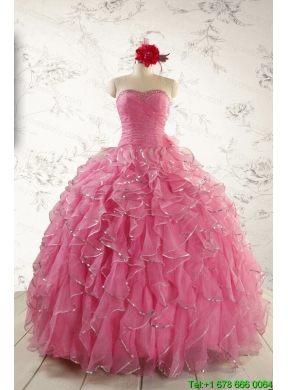 2015 Pretty Beading Quinceanera Dresses in Rose Pink