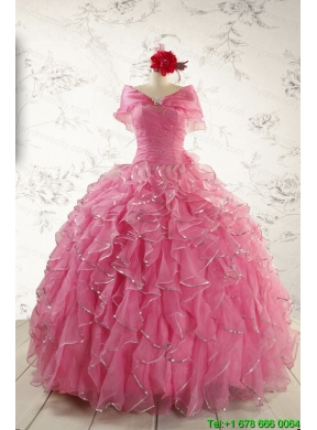 2015 Pretty Beading Quinceanera Dresses in Rose Pink