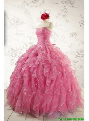 2015 Pretty Beading Quinceanera Dresses in Rose Pink