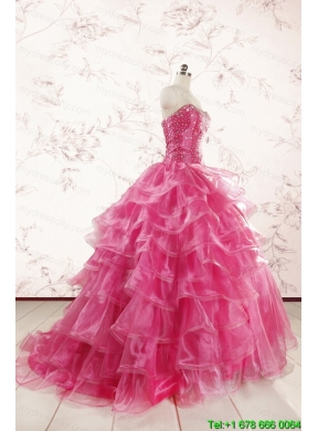 Hot Pink Sweetheart Beading Quinceanera Dresses with Brush Train