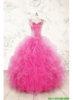 2015 Pretty Straps Hot Pink Quinceanera Dresses with Beading