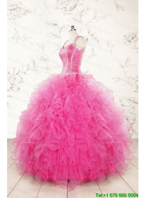 2015 Pretty Straps Hot Pink Quinceanera Dresses with Beading