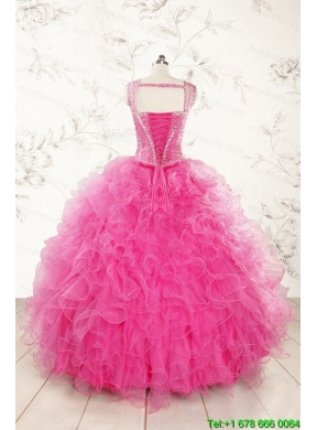 2015 Pretty Straps Hot Pink Quinceanera Dresses with Beading