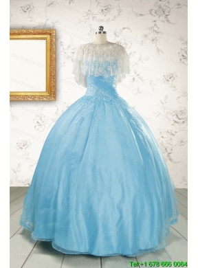 2015 Puffy Beading Aqua Blue Quinceanera Dress with Wraps