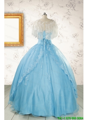 2015 Puffy Beading Aqua Blue Quinceanera Dress with Wraps
