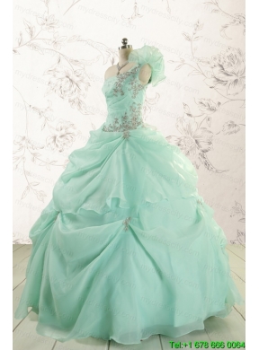 2015 Apple Green One Shoulder Cheap Quinceanera Dresses with Appliques
