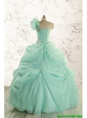 2015 Apple Green One Shoulder Cheap Quinceanera Dresses with Appliques