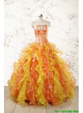 2015 Luuxurious Strapless Appliques and Ruffles Puffy Quinceanera Dresses