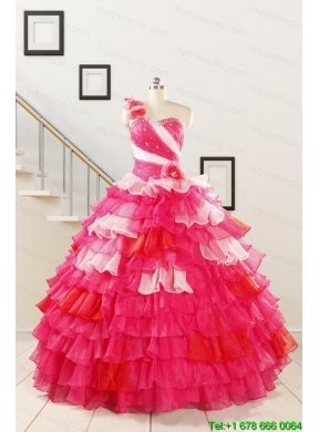 2015 Multi Color Hand Made FlowerQuinceanera Dress with One Shoulder