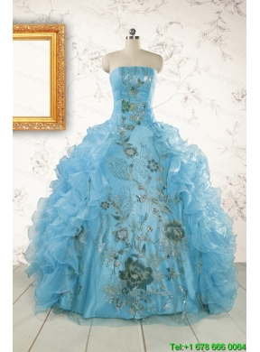 2015 New Style Ruffles Embroidery Strapless Quinceanera Dresses in Baby Blue
