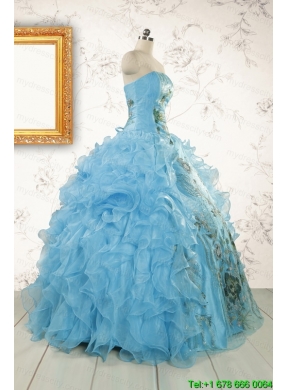 2015 New Style Ruffles Embroidery Strapless Quinceanera Dresses in Baby Blue