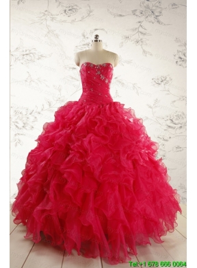 2015 Pretty Beading Red Quinceanera Dresses with Sweetheart