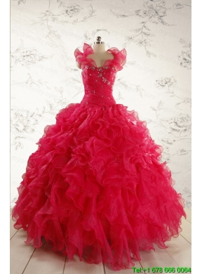 2015 Pretty Beading Red Quinceanera Dresses with Sweetheart