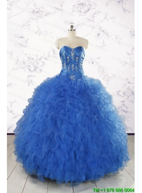 2015 Pretty Blue Quinceanera Dresses with Appliques and Ruffles