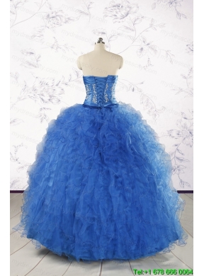 2015 Pretty Blue Quinceanera Dresses with Appliques and Ruffles