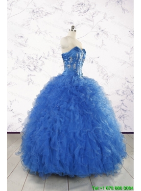 2015 Pretty Blue Quinceanera Dresses with Appliques and Ruffles