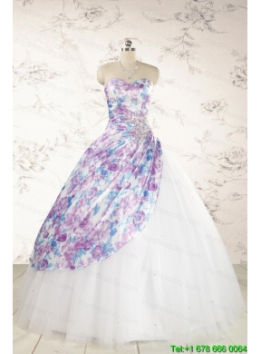 2015 Printed Multi Color Quinceanera Dresses with Beading and Ruching