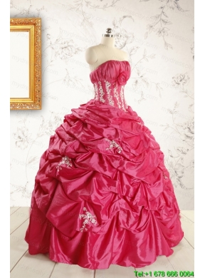 Cheap Appliques Coral Red Quinceanera Dress with Strapless
