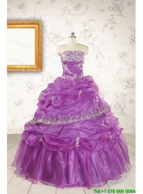 Pretty Strapless Lilac Quinceanera Dresses with Appliques for 2015