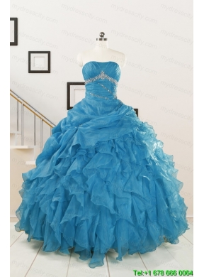 2015 Elegant Strapless Blue Quinceanera Dresses with Beading and Ruffles