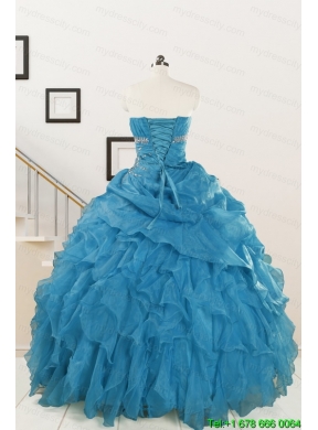 2015 Elegant Strapless Blue Quinceanera Dresses with Beading and Ruffles