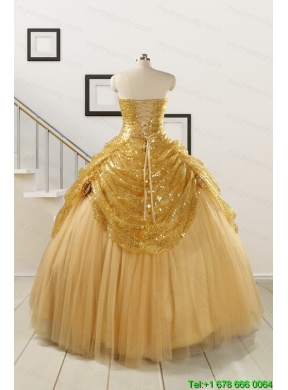 2015 Most Popular Sweetheart Sequined Quinceanera Dresses in Gold