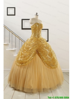 2015 Most Popular Sweetheart Sequined Quinceanera Dresses in Gold