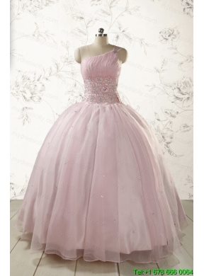 2015 One Shoulder Beading Light Pink Quinceanera Dresses
