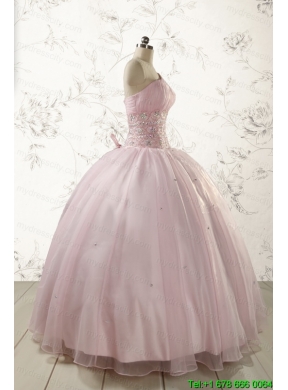 2015 One Shoulder Beading Light Pink Quinceanera Dresses