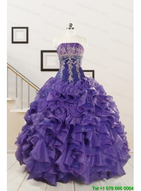 2015 Prefect Purple Sweet 15 Dresses with Embroidery and Ruffles